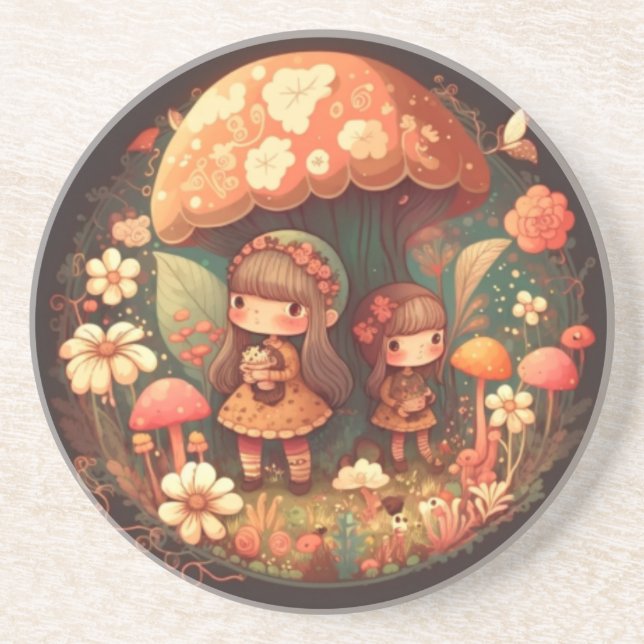 Two little girls under the mushroom brown decor coaster (Front)