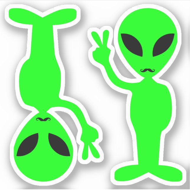 Two Little Green Mustachioed Hipster Peace Aliens (Front)