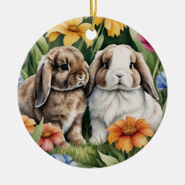 Two Little Lop Bunny rabbits Ceramic Tree Decoration (Front)