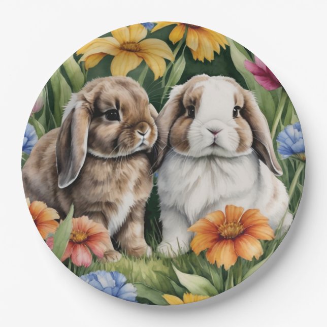 Two Little Lop Bunny rabbits Paper Plate (Front)