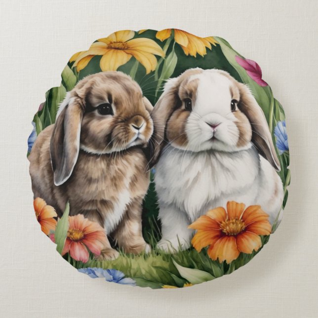 Two Little Lop Bunny rabbits Round Cushion (Front)