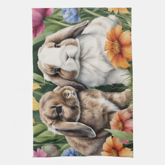 Two Little Lop Bunny rabbits Tea Towel (Vertical)