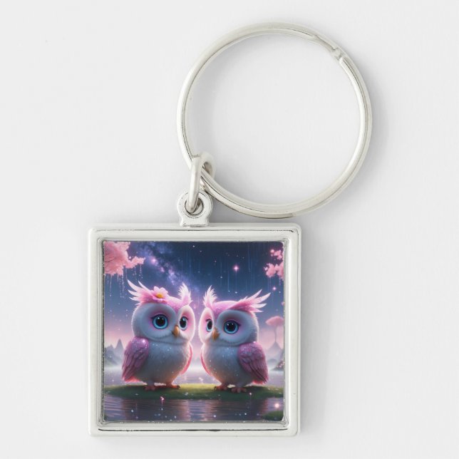 Two little owls in a dream world key ring (Front)