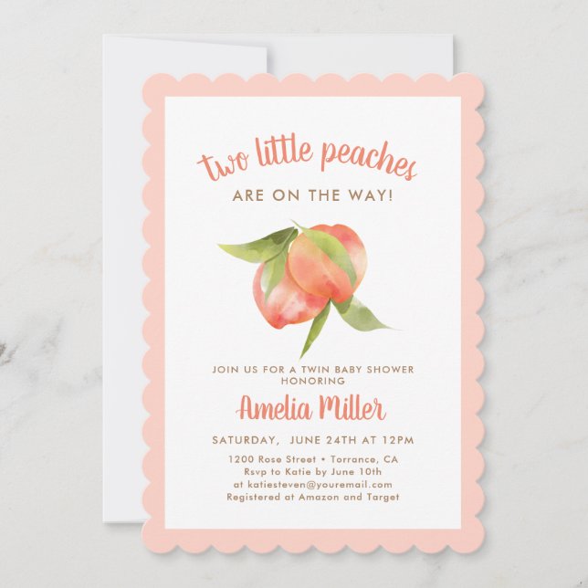 Two Little Peaches Twin Baby Shower Invitation (Front)