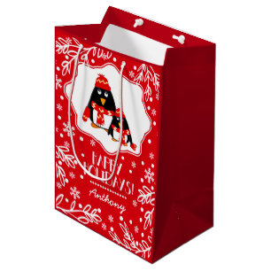 Two Little Penguins Custom Name Christmas  Medium Gift Bag