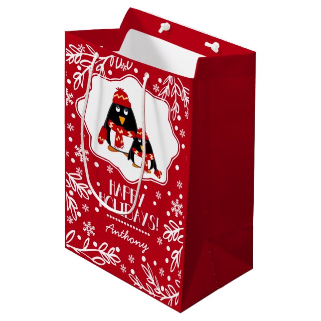 Two Little Penguins Custom Name Christmas  Medium Gift Bag (Front Angled)