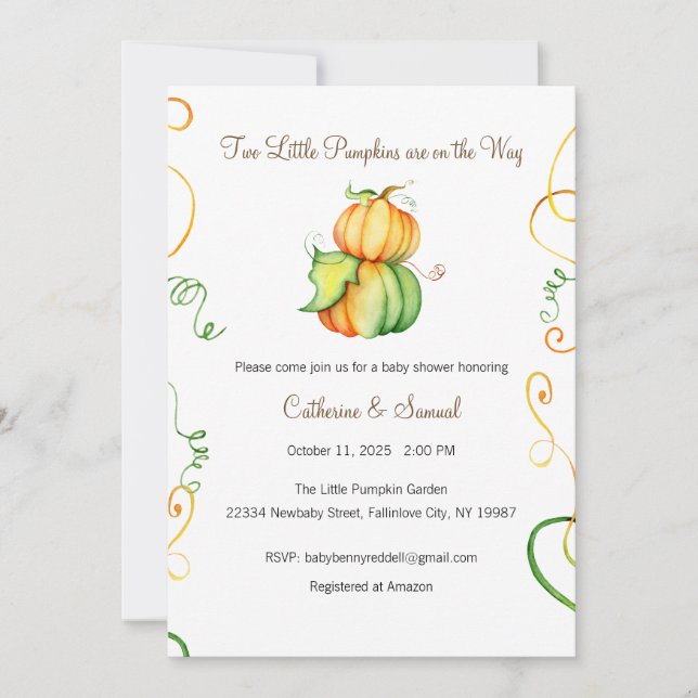 Two Little Pumpkins are on the Way, Baby Invitation (Front)