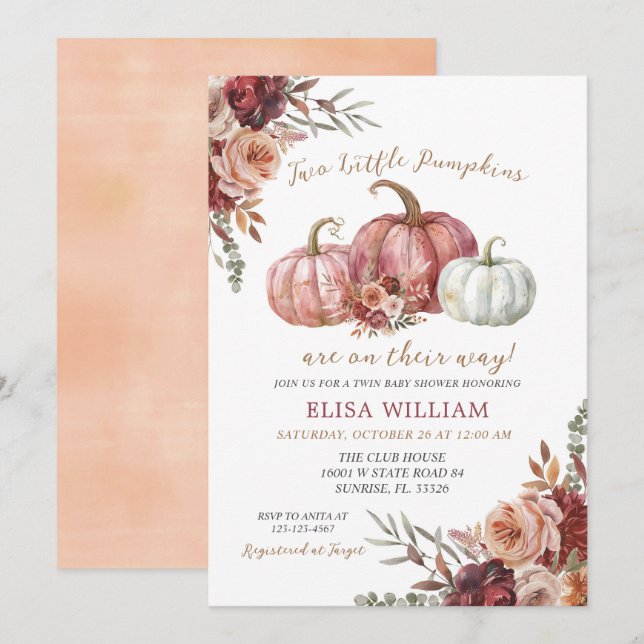 Two Little Pumpkins are on their way - Twin baby  Invitation (Front/Back)