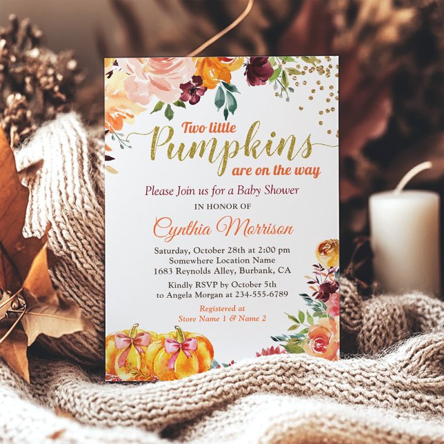 Two Little Pumpkins Autumn Twin Girl Baby Shower Invitation (Creator Uploaded)