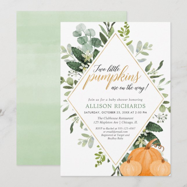 Two little pumpkins Fall twins baby shower Invitation (Front/Back)