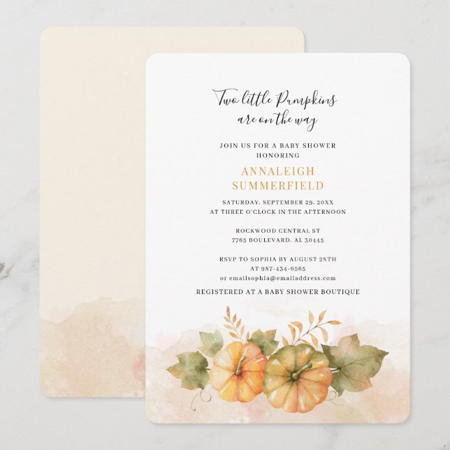 Two Little Pumpkins on Way Fall Twins Baby Shower Invitation (Front/Back)