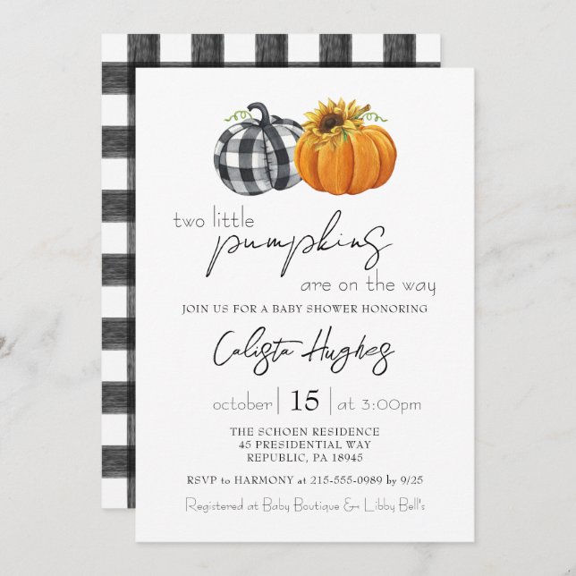 Two Little Pumpkins Sunflower Twins Baby Shower In Invitation (Front/Back)
