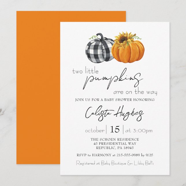 Two Little Pumpkins Sunflower Twins Baby Shower In Invitation (Front/Back)