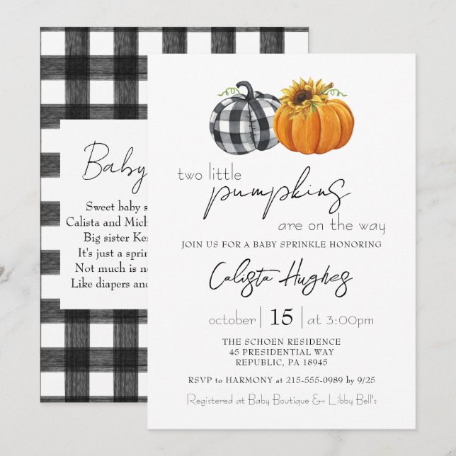 Two Little Pumpkins Sunflower Twins Baby Sprinkle  Invitation (Front/Back)