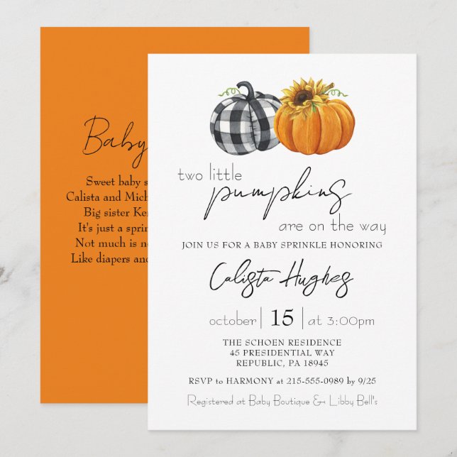 Two Little Pumpkins Sunflower Twins Baby Sprinkle  Invitation (Front/Back)