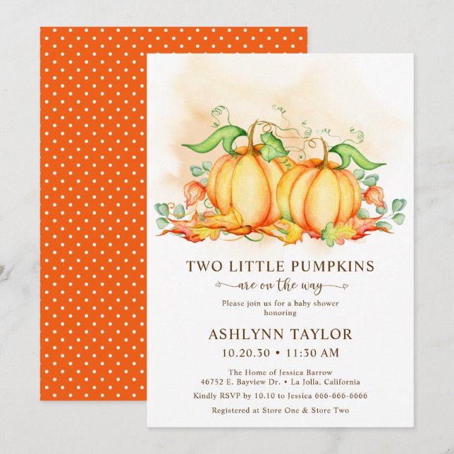 Two Little Pumpkins Twin Baby Shower Invitation (Front/Back)