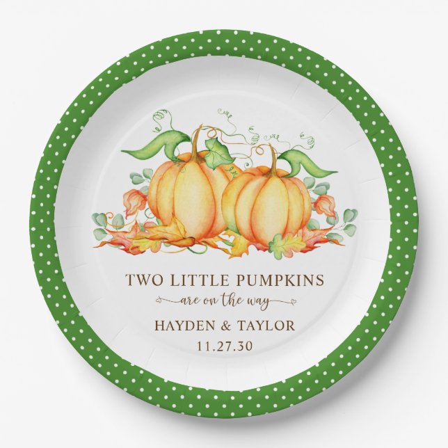 Two Little Pumpkins Twin Baby Shower Paper Plate (Front)