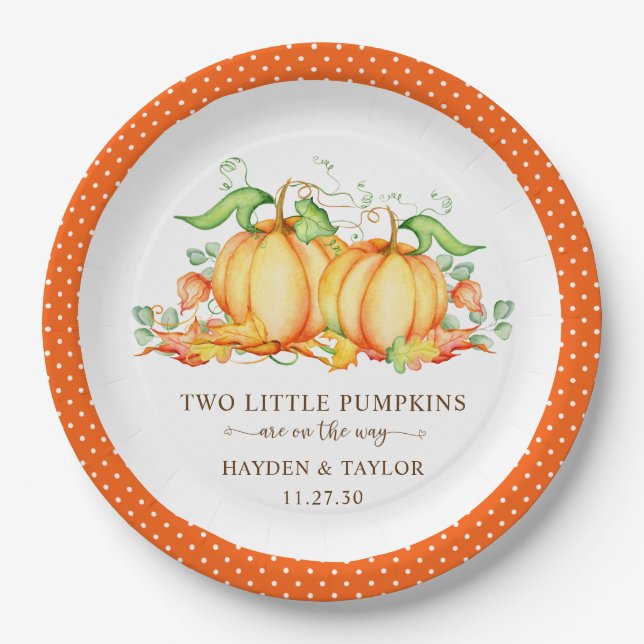 Two Little Pumpkins Twin Baby Shower Paper Plate (Front)