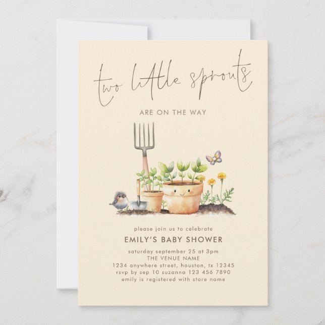 Two Little Sprouts Twins Garden Beige Baby Shower  Invitation (Front)