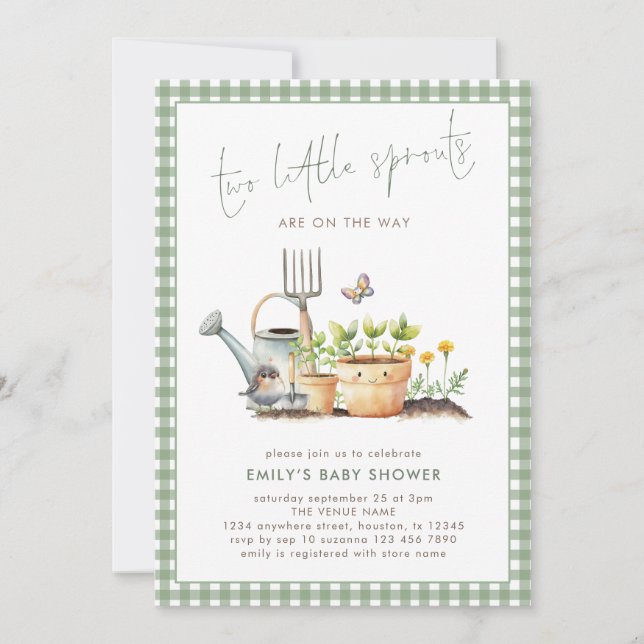 Two Little Sprouts Twins Sage Gingham Baby Shower  Invitation (Front)