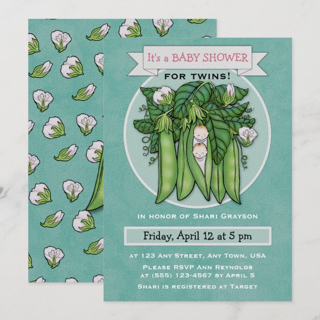 Two Little Sweet Peas Twins Baby Shower Invitation (Front/Back)