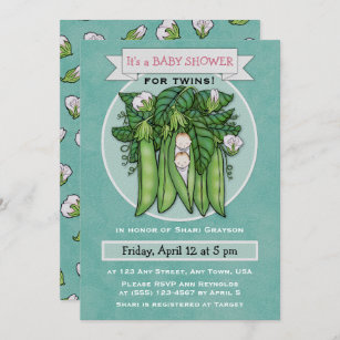 Two Little Sweet Peas Twins Baby Shower Invitation