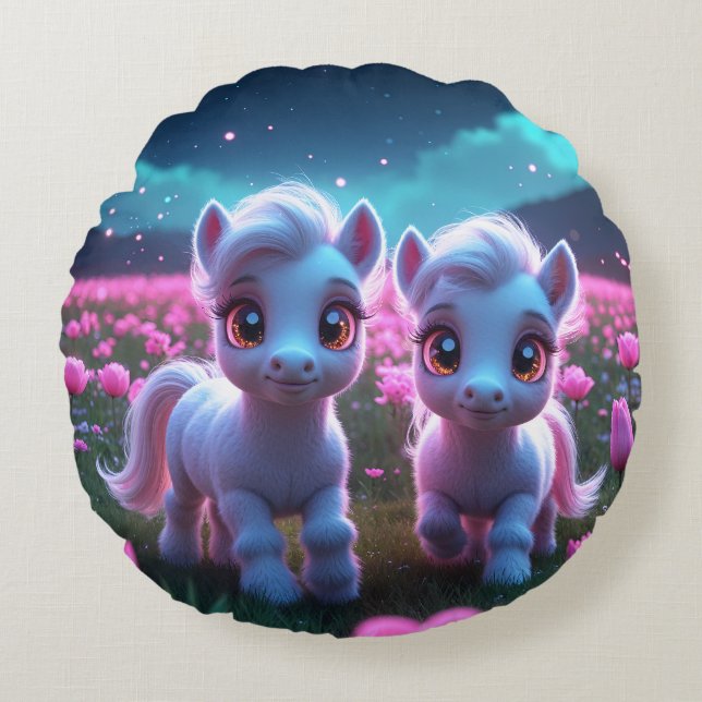 Two little sweet ponies round cushion (Front)