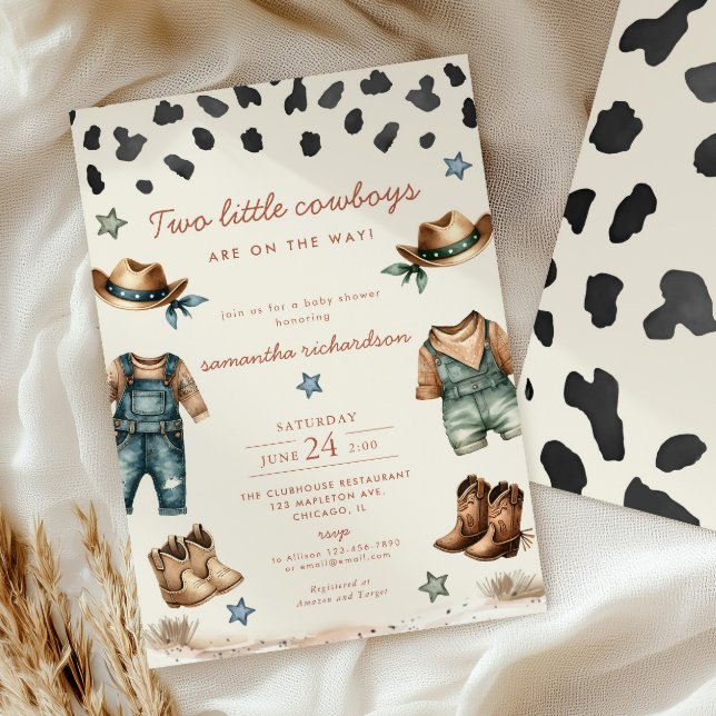 Two little twin cowboys on the way boy baby shower invitation (Creator Uploaded)