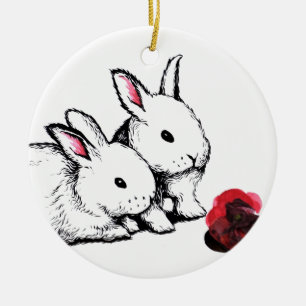 Two Little White Rabbits Ceramic Tree Decoration