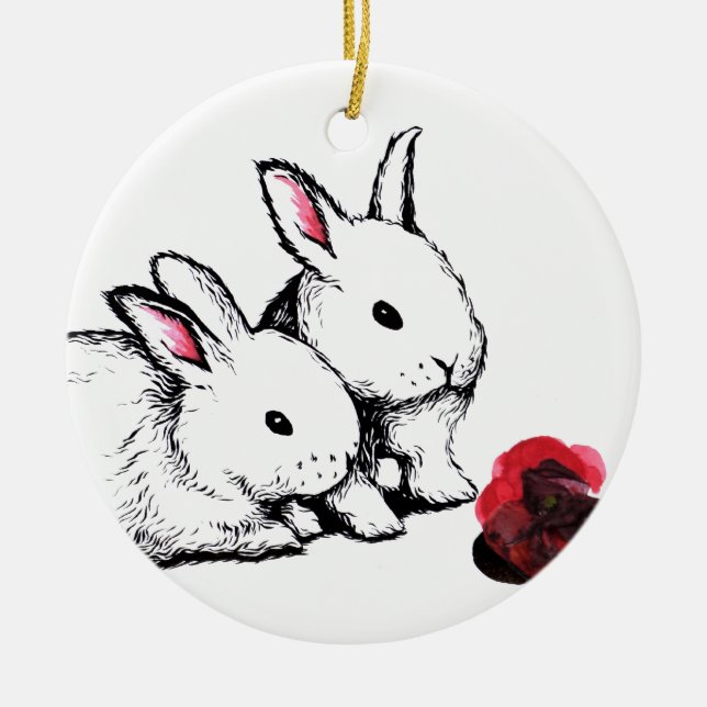 Two Little White Rabbits Ceramic Tree Decoration (Front)