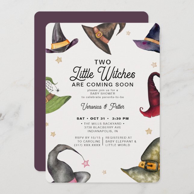 Two Little Witches Twin Girl Halloween Baby Shower Invitation (Front/Back)