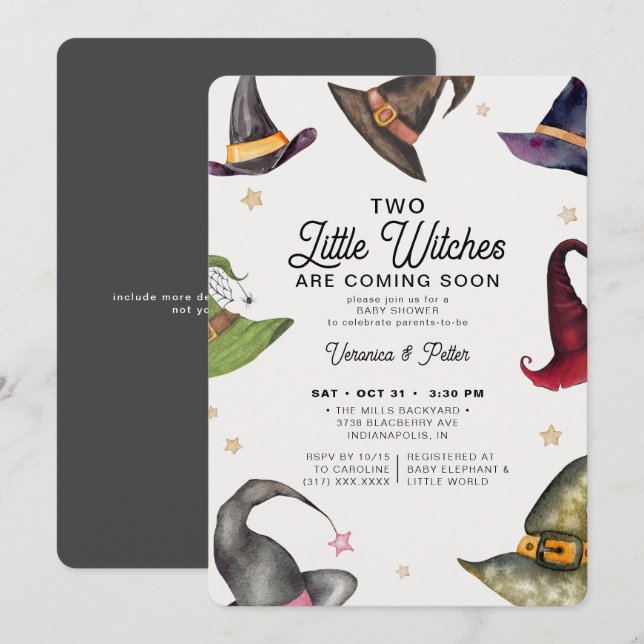Two Little Witches Twin Girl Halloween Baby Shower Invitation (Front/Back)