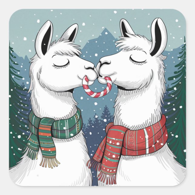 Two llamas Kissing and Sharing a Candy Cane Square Sticker (Front)
