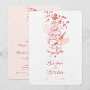 Two love birds open birdcage wedding coral invitation