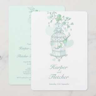 Two love birds open birdcage wedding green invitation