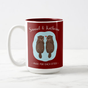 Two Lovely Cute Otters Custom Name Valentine's Day Two-Tone Coffee Mug