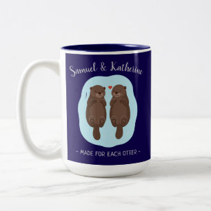 Two Lovely Cute Otters Custom Name Valentine's Day Two-Tone Coffee Mug