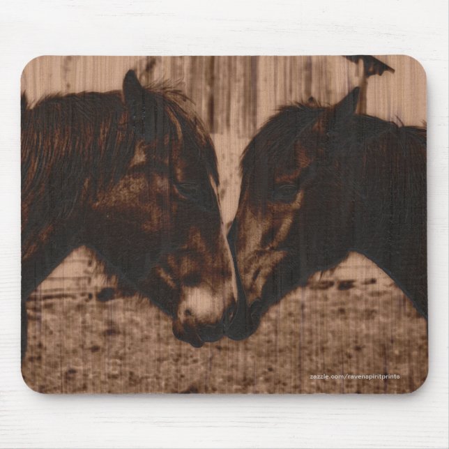 Two Loving Horses Wood-burning effect Equine Image Mouse Mat (Front)