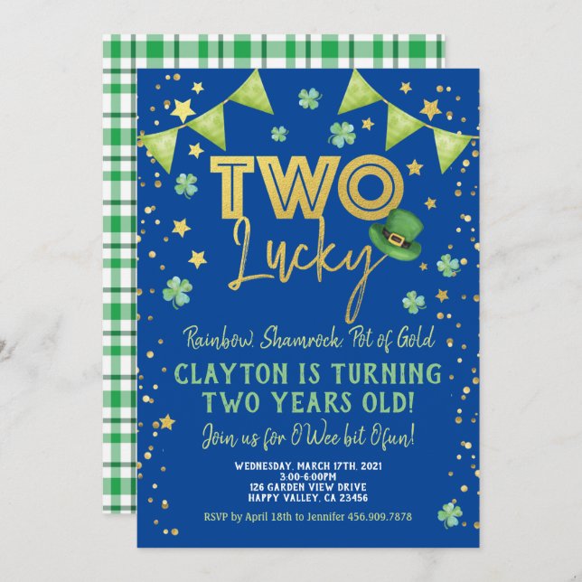 Two Lucky Boy 2nd Birthday St Patrick's Day Party Invitation (Front/Back)
