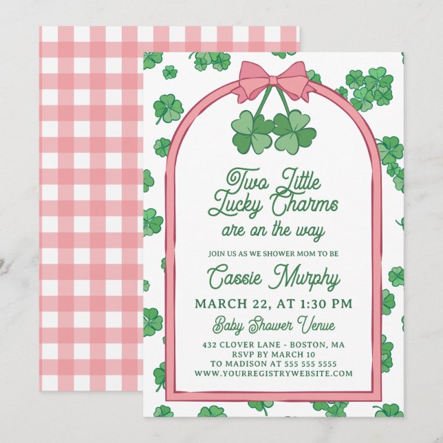 Two Lucky Charms Clovers Girl Twins Baby Shower Invitation (Front/Back)