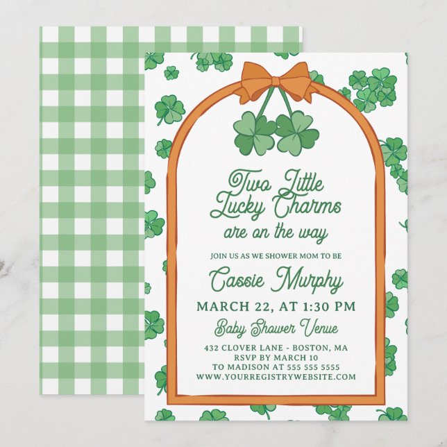 Two Lucky Charms Clovers Neutral Twin Baby Shower Invitation (Front/Back)