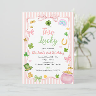 Two Lucky Girl 2nd Birthday Pink Gold Shamrock Invitation
