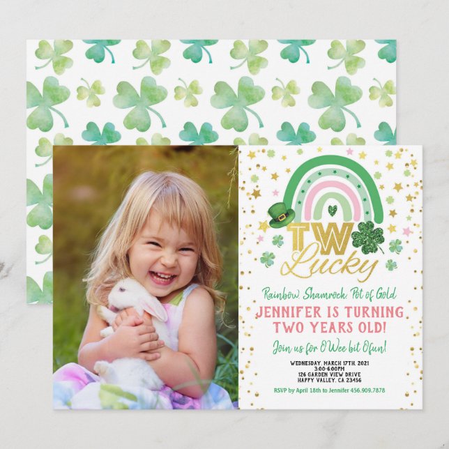 Two Lucky Girl First Birthday St Patrick's Photo Invitation (Front/Back)