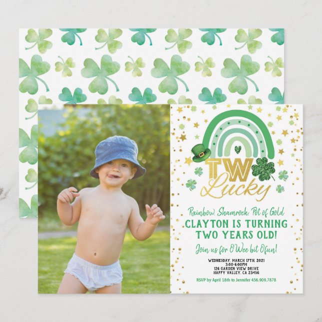 Two Lucky Second Birthday St Patrick's Day Photo Invitation (Front/Back)