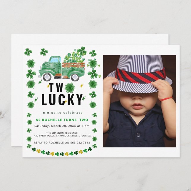 Two Lucky Shamrock Birthday Party Invitation (Front/Back)