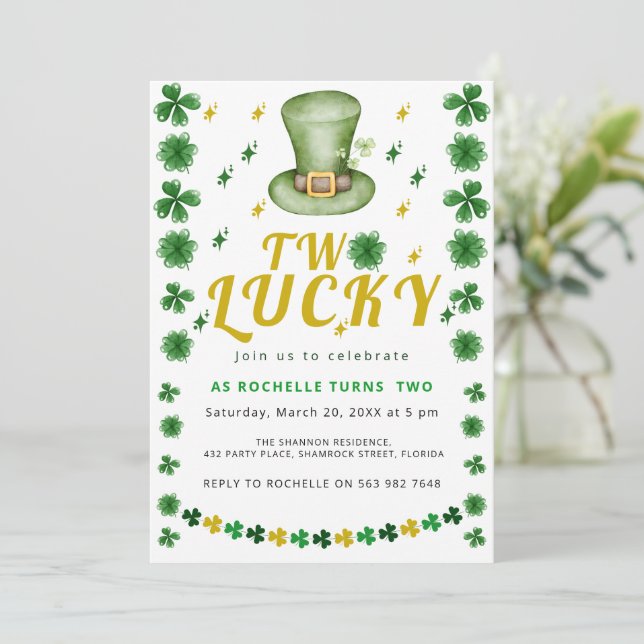 Two Lucky Shamrock Birthday Party Invitation (Standing Front)