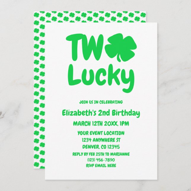 Two Lucky St Patrick's Day 2nd Birthday Invitation (Front/Back)
