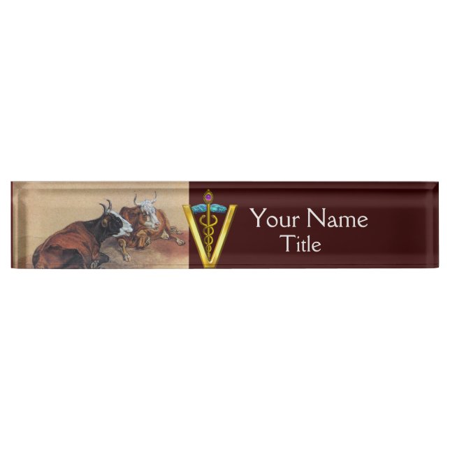 TWO LYING COWS GOLD CADUCEUS VETERINARY SYMBOL NAMEPLATE (Front)