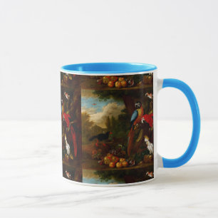 Two Macaws a Cockatoo and a Jay with Fruit Mug