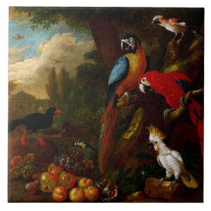 Two Macaws a Cockatoo and a Jay with Fruit Tile